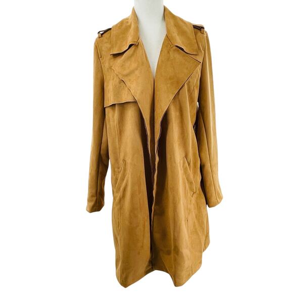Ookie & LaLa Tan Scuba Suede Open Front Neutral Layer Mid Length Jacket L - Picture 3 of 12